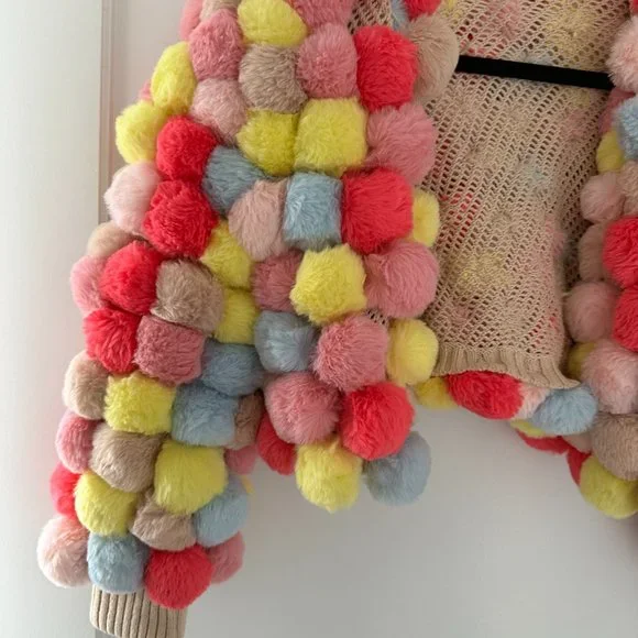 ❌SOLD❌Alice + Olivia Fawn Pompom Cropped Jacket XS/S Multicolor Cardigan Ribbed - Picture 4 of 15
